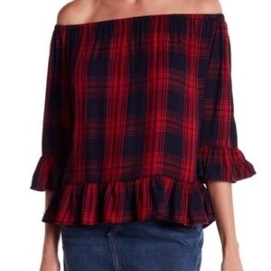 Red Plaid Off Shoulder Blouse,  L